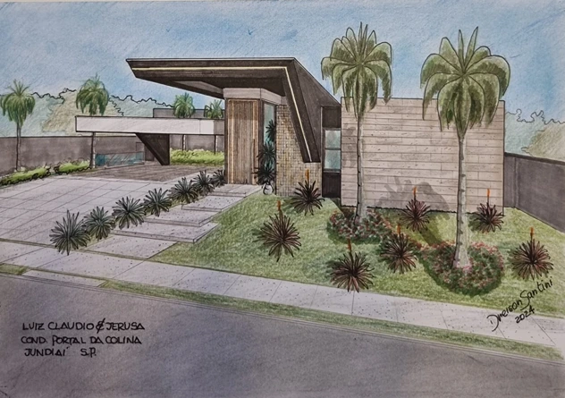 Desenho arquitetônico de uma casa moderna criado por Dreison Santini, demonstrando o desenvolvimento conceitual de projetos residenciais contemporâneos e personalizados a gosto do cliente, com o olhar profissional do arquiteto.